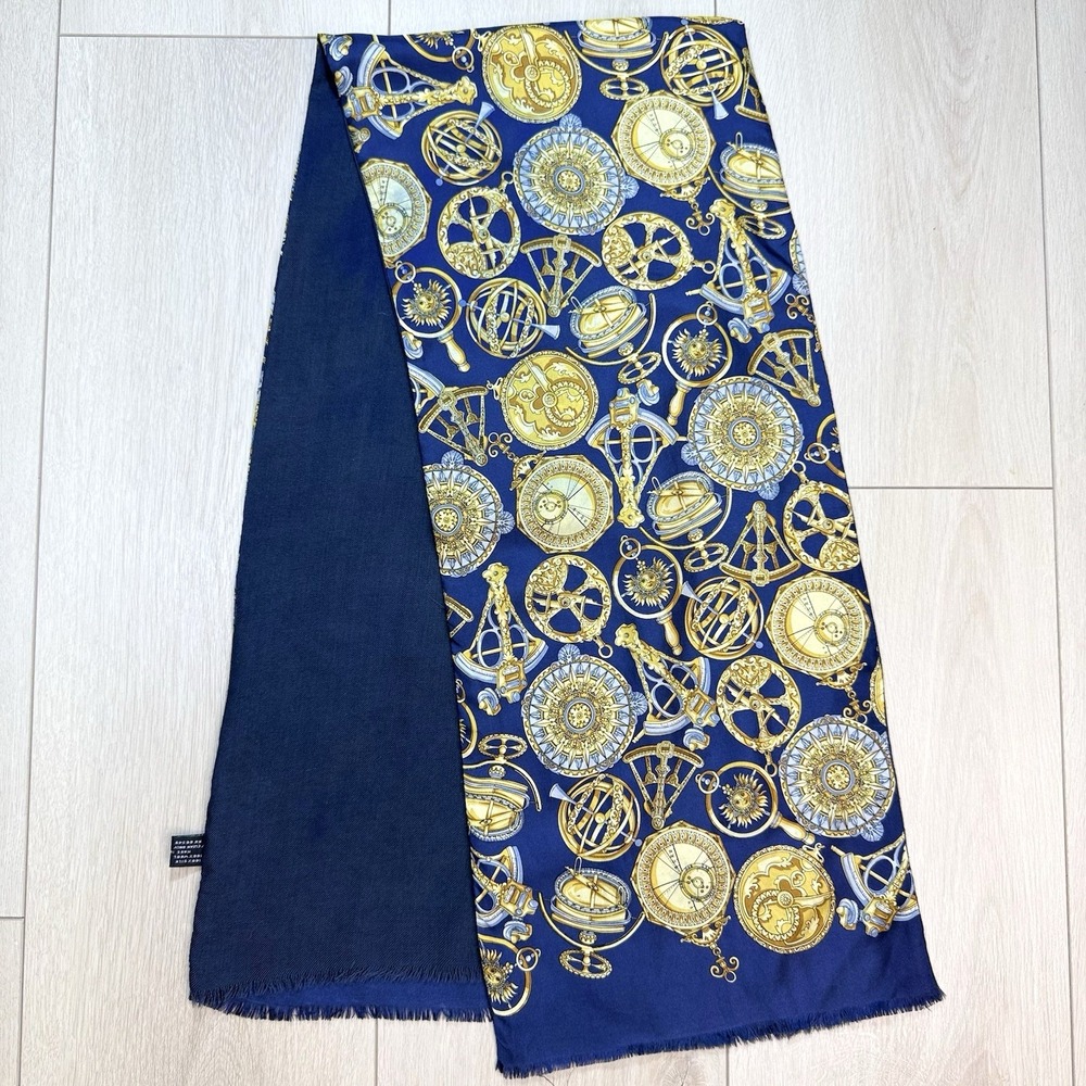 READ!!!! VTG Silk Wool Scarf Blue Gold Nautical Compass Italy Fringe Wrap Unisex